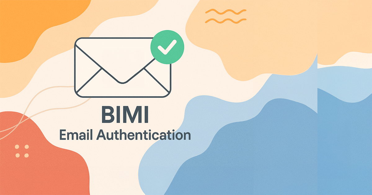 The envelope symbol for email sits above text that says, Bimi Email Authentication. The background is an abstract pastel design.